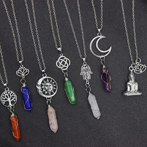 Natural crystal stone bullet pendants with diverse symbolic charms and silver alloy chains