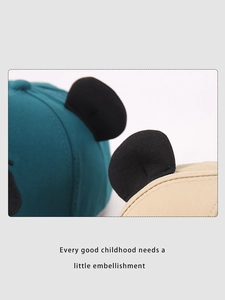 Close-up of cotton canvas children baseball cap featuring 3D panda ears decoration
