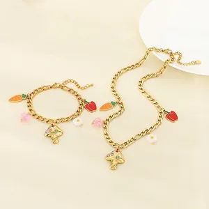 Stainless Steel Necklace And Bracelet Gold Plated Mushroom Carrot Chili Heart Flower Charms Cute Jewelry For Women
