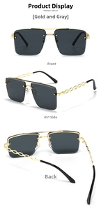 Three views of frameless square sunglasses with gold metal chain arms and dark gray lenses