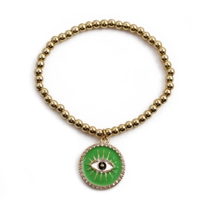 Bracelet à perles dorées avec pendentif œil maléfique en émail vert et zircons brillants