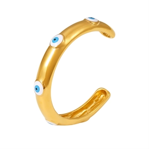Minimalist 18k gold plated stainless steel open cuff bracelet with blue evil eye enamel