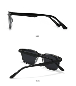 Détails des vues latérale et arrière de lunettes de soleil carrées noires avec branches profilées