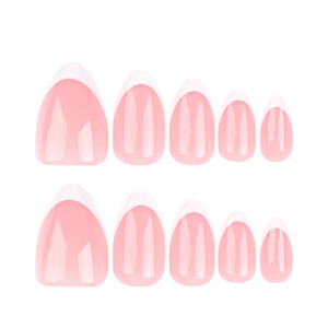 Classic French tip press-on nails with pink base and white tips on white background