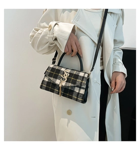 Detail of checkered small square bag featuring golden buckle and elegant fringe tassel