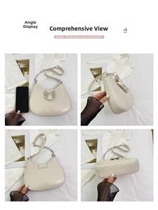 Detail shots of cream crescent bag with silver bow accent and adjustable chain strap