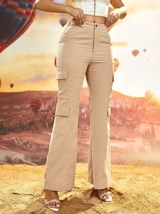 Women's khaki cargo pants with high waist and side pockets in a wide leg desert fit