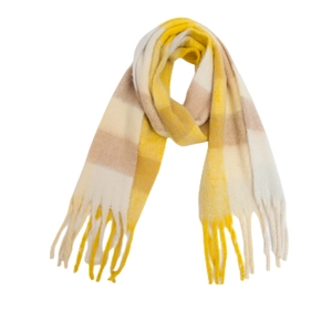 Soft imitation mohair checkered scarf with thick tassels in yellow and beige