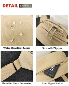 Detail view of water-resistant nylon fabric and durable zippers on a crossbody chest bag
