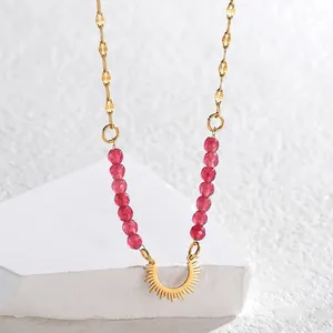 Minimalist stainless steel beaded necklace with pink crystal beads and sunburst pendant