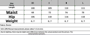 Detailed size chart for mid-waist loose ripped jeans with measurements in centimeters