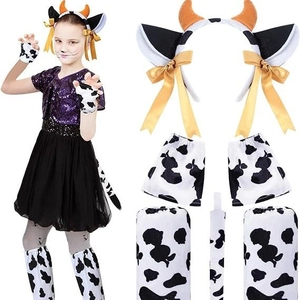 Kids cow cosplay set with horn headband, spotted gloves, leg warmers and tail