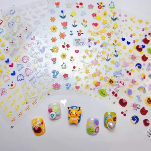 Detailed view of 5D embossed nail stickers featuring cute cartoon and flower patterns