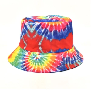Fashionable tie-dye bucket hat for women with colorful patterns and reversible sun protection