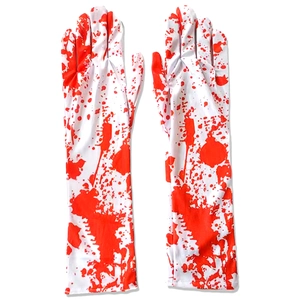 Detailed close-up of long white Halloween gloves featuring realistic red blood splatter