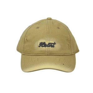 Front view of khaki distressed baseball cap with Heart embroidery and wide brim