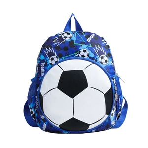 Blue kids football backpack with soccer ball pocket and sporty graffiti patterns