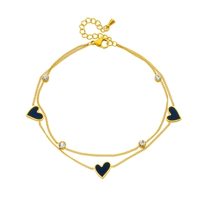 Double-layer gold chain anklet featuring blue enamel hearts and white crystal charms