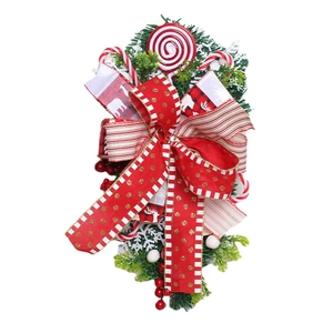 Christmas upside down tree teardrop swag with red bows, candy canes and pine needles