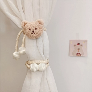 Plush bear and pearl bead curtain tieback with woven rope for kids room decoration