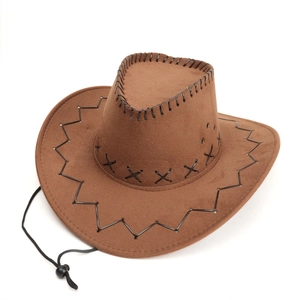 Cappello da cowboy marrone con cuciture nere decorative e cordino antivento regolabile
