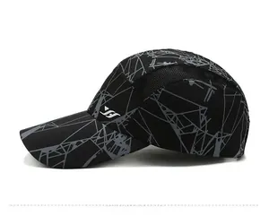 Detail view of quick-dry baseball cap with breathable mesh side and geometric patterns