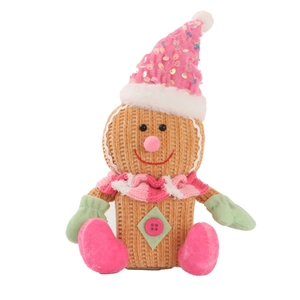 Gingerbread man plush Christmas decoration with sequin hat and knitted stripe pattern