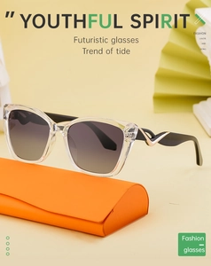Cat-eye sunglasses with transparent frames and smoke gradient lenses on orange case