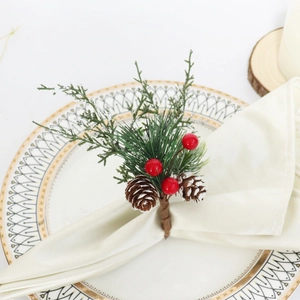 Ronds De Serviette Noël Aiguilles De Pin Artificielles Pommes De Pin Naturelles Baies Rouges Décoration De Table