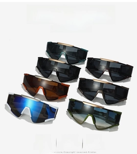 Detailed view of seven sports cycling sunglasses with wide shield lenses and metal trim