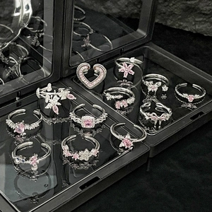 Adjustable silver rings set with pink butterfly and floral zircon stones for women