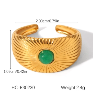 Detail view of gold stainless steel ring with green stone and precise dimensions
