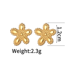 Detailed view of 1.2cm floral stud earrings with frosted 18K gold stainless steel texture