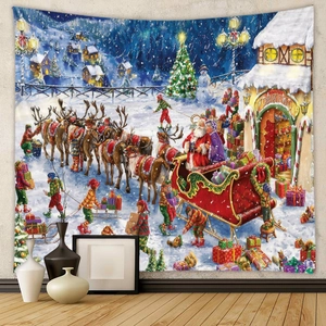 Detail des Weihnachtswandteppichs mit Weihnachtsmann-Werkstatt und Rentier-Motiv
