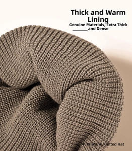 Macro shot of brown acrylic knitted hat showing thick thermal lining and dense warm texture