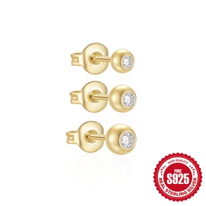 Three-piece set of S925 sterling silver gold-plated ball studs with inlaid zircon stones