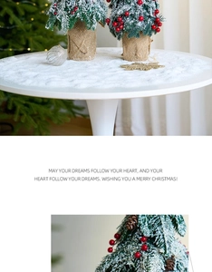 Mini snowy Christmas tree with red berries, pinecones, and rustic burlap base detail