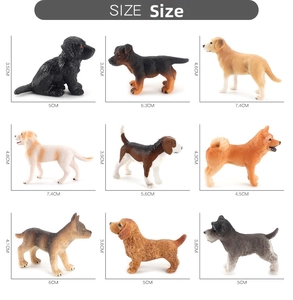 Detailed size chart showing dimensions for 9 realistic miniature dog breed figurines