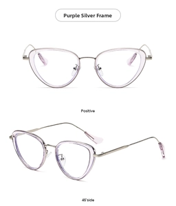 Vista frontale e laterale di occhiali da sole cat-eye con montatura viola e metallo argento