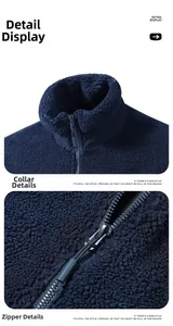 Detail view of navy fleece jacket neckline and zipper with soft lamb wool texture