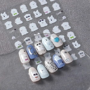 5D cartoon white puppy nail art stickers with 3D texture and cute dog patterns