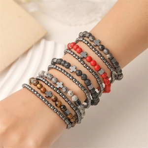 Natural Stone Beaded Bracelet Cross Charm Tiger Eye Lava Stone Alloy Beads Retro Elastic Jewelry Men Women