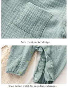 Detail view of cotton gauze baby romper featuring a front pocket and crotch snap buttons
