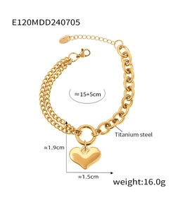 Detailed specs of the gold titanium heart pendant bracelet with chunky chain and dimensions