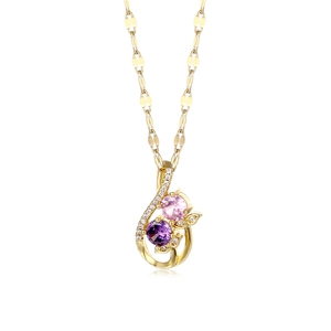 Floral hollow titanium steel necklace with pink and purple zircon stones in gold finish