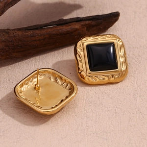 Retro 18K gold plated stainless steel square black acrylic stud earrings for women