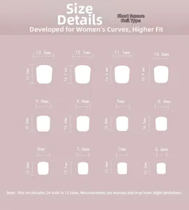 Size chart showing 12 dimensions for short square press-on nails with 24 pieces per set