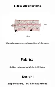 Pink quilted pencil case with lace trim and dog print, size 19x9cm detail view
