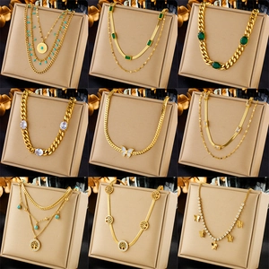 Vintage Stainless Steel Gold Plated Multi-layer Necklace For Women Rhinestone Green Gemstone Pendant Butterfly Tree Of Life Jewelry