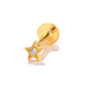 Detail view of a gold S925 silver star cartilage stud with a clear zircon stone